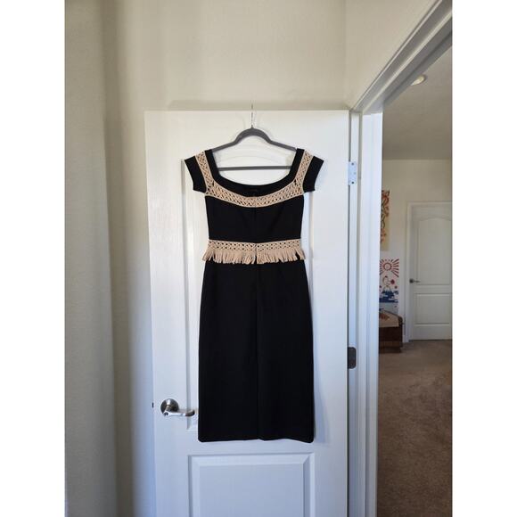 Alexis Bailey NWT Black Crochet trim Midi Dress Off Shoulder Fringe, Size Medium - Picture 9 of 13